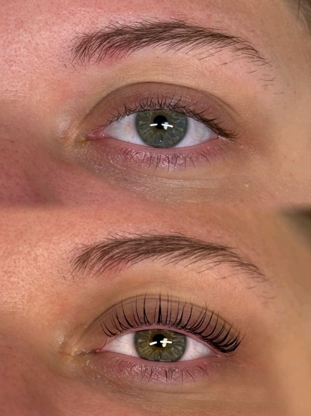 Vorher-Nachher-Vergleich einer Wimpernbehandlung, wie auf Instagram gezeigt